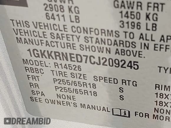 ✅ 2012 GMC Acadia SL • VIN: 1GKKRNED7CJ209245 • Lot: 43915302. Listed on IAAI with 202,343 mi. Free auction sales archive from the USA and detailed vehicle history report at DreamBid. Image 9.