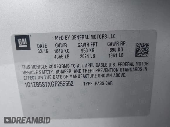 ✅ 2016 Chevrolet Malibu LS • VIN: 1G1ZB5STXGF255552 • Lot: 42209505. Listed on IAAI with 123,976 mi. Free auction sales archive from the USA and detailed vehicle history report at DreamBid. Image 9.