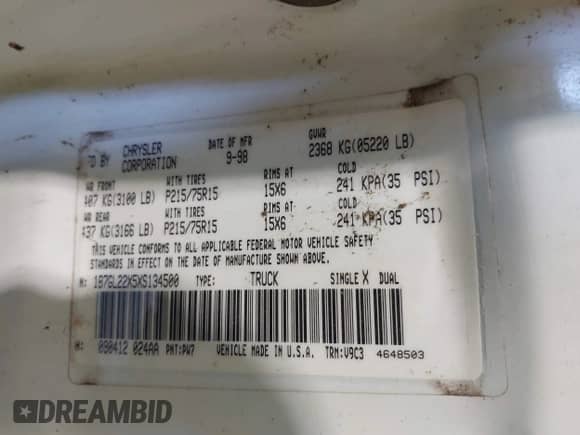 ✅ 1999 Dodge Dakota SLT • VIN: 1B7GL22X5XS134500 • Лот: 43605168. Размещён на IAAI с пробегом 134 502 миль миль. Получите бесплатный доступ к архиву аукционных продаж из США и посмотрите подробный отчёт об истории автомобиля на DreamBid. Изображение 9.