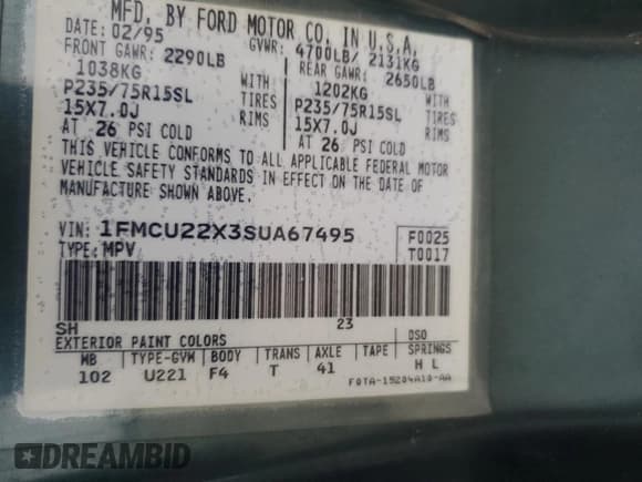 ✅ 1995 Ford Explorer Eddie Bauer • VIN: 1FMCU22X3SUA67495 • Lot: 44545485. Wystawiony na Copart z przebiegiem 180 711 mil. Bezpłatny archiwum sprzedaży aukcyjnych z USA i szczegółowy raport historii pojazdu na DreamBid. Zdjęcie 13.