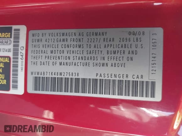 ✅ 2008 Volkswagen Rabbit S • VIN: WVWAB71K48W275838 • Lot: 43218969. Listed on IAAI with 256,084 mi. Free auction sales archive from the USA and detailed vehicle history report at DreamBid. Image 9.