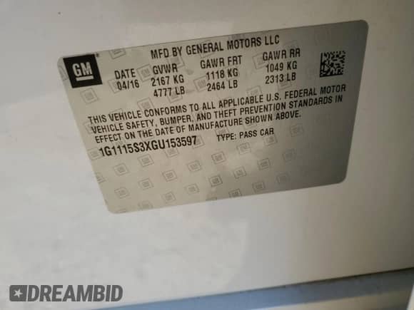 2016 Chevrolet Impala LT with VIN 1G1115S3XGU153597, listed as a Copart auction lot 87187205 with 68,170 mi miles and Salvage title. Bid and sale history available at DreamBid. Image 12.