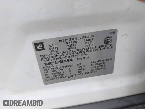 2016 Chevrolet Trax LT z VIN 3GNCJLSB2GL253948, wystawiony jako IAAI lot #43400648 z przebiegiem 96 608 mil mil oraz . Historia ofert i sprzedaży dostępna na DreamBid. Obrazek 9.