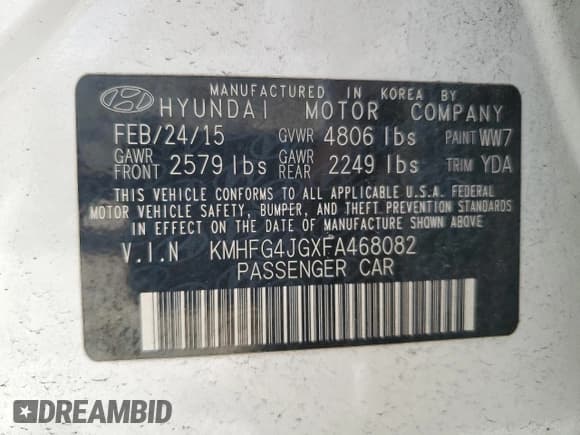 ✅ 2015 Hyundai Azera • VIN: KMHFG4JGXFA468082 • Lot: 69019715. Listed on Copart with 127,984 mi. Free auction sales archive from the USA and detailed vehicle history report at DreamBid. Image 12.