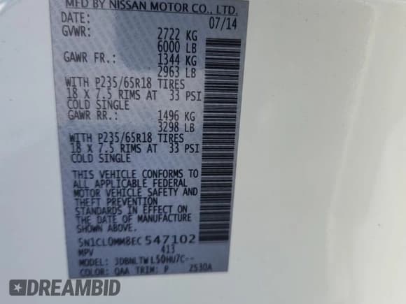 ✅ 2014 Infiniti QX60 Hybrid • VIN: 5N1CL0MM8EC547102 • Lot: 84585305. Listed on Copart with 161,010 mi. Free auction sales archive from the USA and detailed vehicle history report at DreamBid. Image 13.