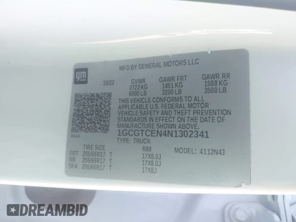 ✅ 2022 Chevrolet Colorado 4WD LT • VIN: 1GCGTCEN4N1302341 • Lot: 43448645. Listed on IAAI with 111,881 mi. Free auction sales archive from the USA and detailed vehicle history report at DreamBid. Image 9.