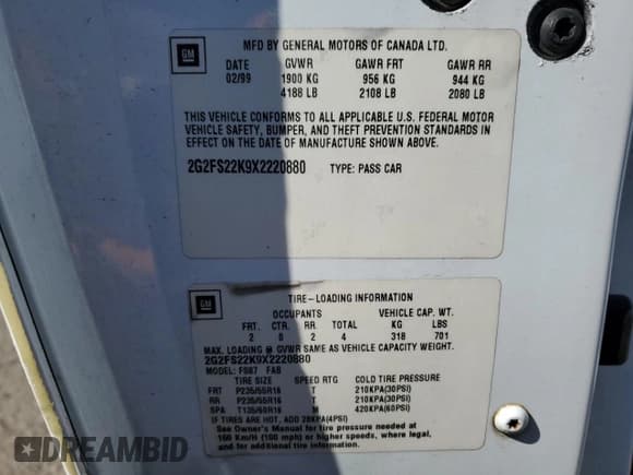 ✅ 1999 Pontiac Firebird Firebird • VIN: 2G2FS22K9X2220880 • Lot: 46225985. Listed on Copart with 167,696 mi. Free auction sales archive from the USA and detailed vehicle history report at DreamBid. Image 12.