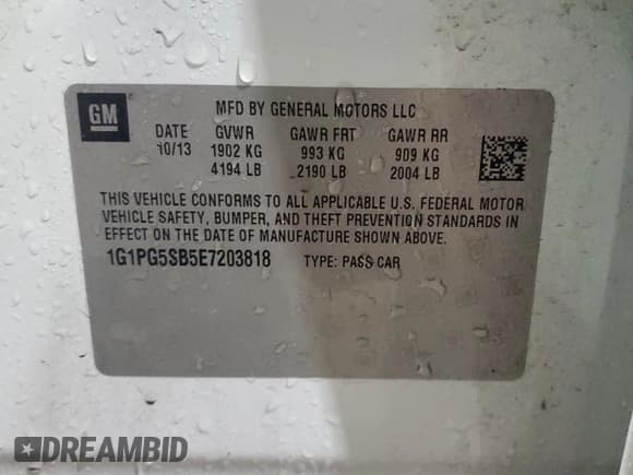 ✅ 2014 Chevrolet Cruze LTZ • VIN: 1G1PG5SB5E7203818 • Lot: 83825085. Listed on Copart with 94,394 mi. Free auction sales archive from the USA and detailed vehicle history report at DreamBid. Image 12.