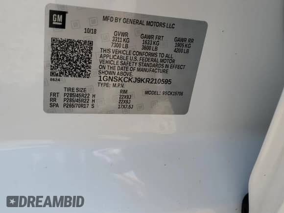 2019 Chevrolet Tahoe Premier z VIN 1GNSKCKJ9KR210595, wystawiony jako Copart lot #61662255 z przebiegiem 39 070 mil mil oraz Szkoda całkowita • Salvage title. Historia ofert i sprzedaży dostępna na DreamBid. Obrazek 13.