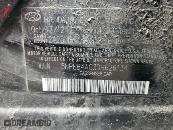 ✅ 2013 Hyundai Sonata GL • VIN: 5NPEB4AC3DH626134 • Lot: 48815325. Listed on Copart with 160,377 mi. Free auction sales archive from the USA and detailed vehicle history report at DreamBid. Image 12.