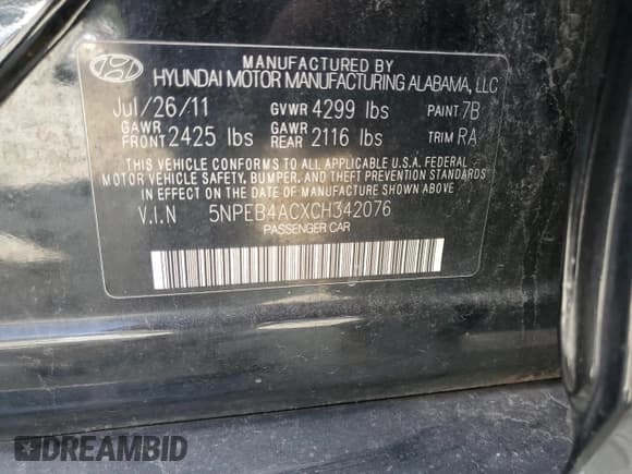 ✅ 2012 Hyundai Sonata GLS • VIN: 5NPEB4ACXCH342076 • Lot: 68537174. Listed on Copart with 157,726 mi. Free auction sales archive from the USA and detailed vehicle history report at DreamBid. Image 12.