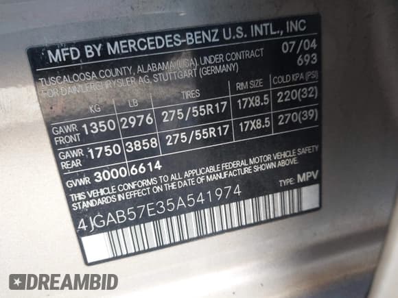 ✅ 2005 Mercedes-Benz M 350 • VIN: 4JGAB57E35A541974 • Lot: 43697193. Listed on IAAI with 327,784 mi. Free auction sales archive from the USA and detailed vehicle history report at DreamBid. Image 9.