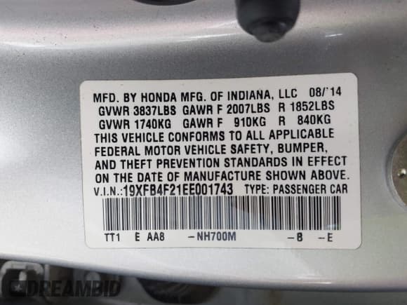 ✅ 2014 Honda Civic • VIN: 19XFB4F21EE001743 • Lot: 42115594. Listed on IAAI with 169,257 mi. Free auction sales archive from the USA and detailed vehicle history report at DreamBid. Image 9.