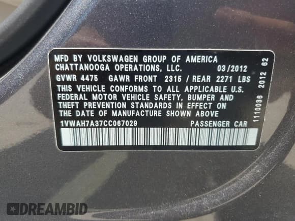 ✅ 2012 Volkswagen Passat S • VIN: 1VWAH7A37CC067029 • Lot: 53512515. Listed on Copart with 141,958 mi. Free auction sales archive from the USA and detailed vehicle history report at DreamBid. Image 13.