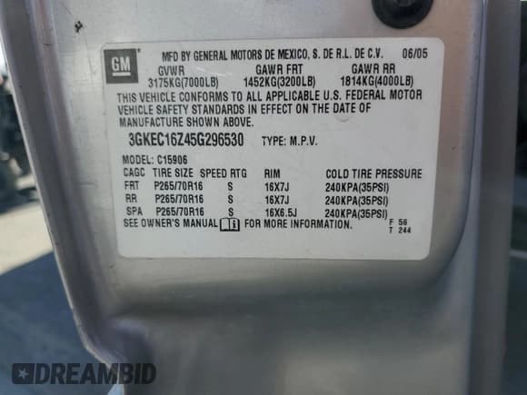 ✅ 2005 GMC Yukon XL SLE • VIN: 3GKEC16Z45G296530 • Lot: 58438245. Listed on Copart with 345,952 mi. Free auction sales archive from the USA and detailed vehicle history report at DreamBid. Image 13.