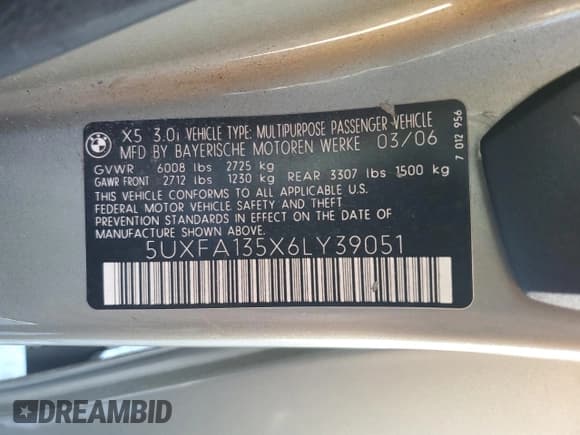 ✅ 2006 BMW X5 3.0i • VIN: 5UXFA135X6LY39051 • Lot: 76053444. Listed on Copart with 175,545 mi. Free auction sales archive from the USA and detailed vehicle history report at DreamBid. Image 12.