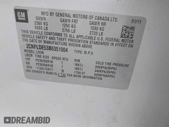 2011 Chevrolet Equinox 1LT с VIN 2CNFLDE53B6351004, выставлен на аукционе IAAI как лот 42445949 с пробегом 165 385 миль миль и . История ставок и продаж доступна на DreamBid. Изображение 9.