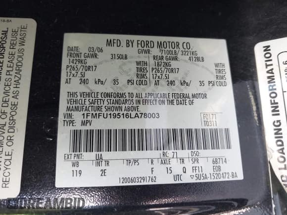 ✅ 2006 Ford Expedition Limited • VIN: 1FMFU19516LA78003 • Lot: 42710334. Listed on IAAI with 217,685 mi. Free auction sales archive from the USA and detailed vehicle history report at DreamBid. Image 9.