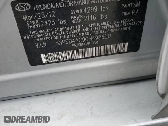 2012 Hyundai Sonata GLS with VIN 5NPEB4AC9CH498660, listed as a Copart auction lot 85731135 with 108,628 mi miles and Salvage title. Bid and sale history available at DreamBid. Image 12.