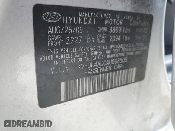 ✅ 2010 Hyundai Elantra SE • VIN: KMHDU4AD0AU868505 • Lot: 80706185. Listed on Copart with 147,770 mi. Free auction sales archive from the USA and detailed vehicle history report at DreamBid. Image 12.