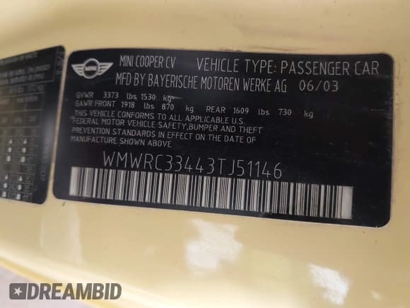 ✅ 2003 MINI Hardtop • VIN: WMWRC33443TJ51146 • Lot: 42561564. Listed on IAAI with 102,784 mi. Free auction sales archive from the USA and detailed vehicle history report at DreamBid. Image 9.