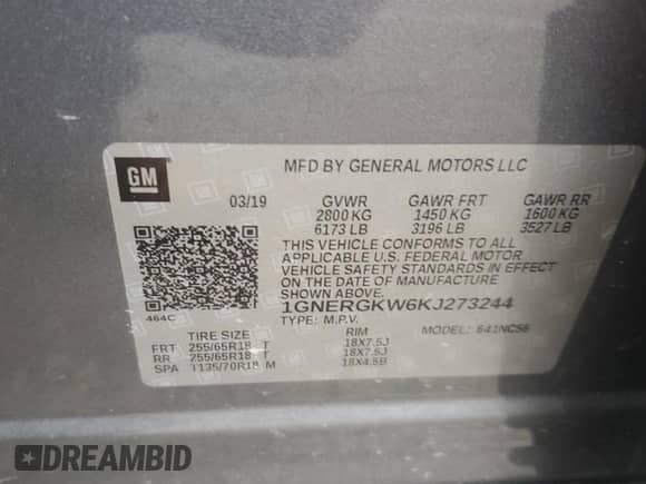 2019 Chevrolet Traverse LT Cloth z VIN 1GNERGKW6KJ273244, wystawiony jako Copart lot #83865585 z przebiegiem 60 769 mil mil oraz Szkoda całkowita • Salvage title. Historia ofert i sprzedaży dostępna na DreamBid. Obrazek 13.