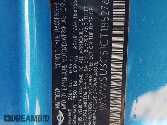 ✅ 2012 MINI Hardtop • VIN: WMWSU3C51CT185276 • Lot: 91617455. Listed on Copart with 121,235 mi. Free auction sales archive from the USA and detailed vehicle history report at DreamBid. Image 13.