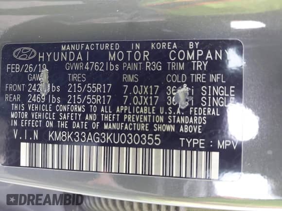 2019 Hyundai Kona Limited z VIN KM8K33AG3KU030355, wystawiony jako IAAI lot #42377611 z przebiegiem 81 807 mil mil oraz . Historia ofert i sprzedaży dostępna na DreamBid. Obrazek 9.