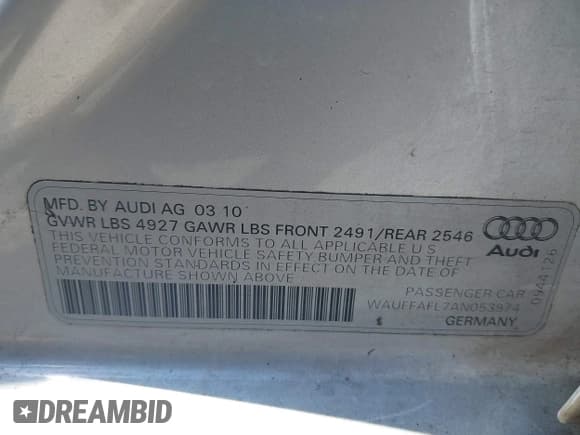 ✅ 2010 Audi A4 Premium Plus • VIN: WAUFFAFL7AN053974 • Lot: 42360209. Listed on IAAI with 155,402 mi. Free auction sales archive from the USA and detailed vehicle history report at DreamBid. Image 9.