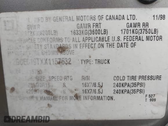 ✅ 1999 Chevrolet Silverado 1500 LS • VIN: 2GCEC19TXX1157632 • Lot: 43547678. Listed on IAAI with 242,857 mi. Free auction sales archive from the USA and detailed vehicle history report at DreamBid. Image 9.