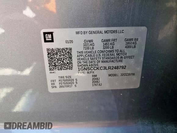 2020 Chevrolet Tahoe Premier z VIN 1GNSCCKC3LR248792, wystawiony jako Copart lot #80326325 z przebiegiem 162 018 mil mil oraz Szkoda całkowita • Salvage title. Historia ofert i sprzedaży dostępna na DreamBid. Obrazek 13.