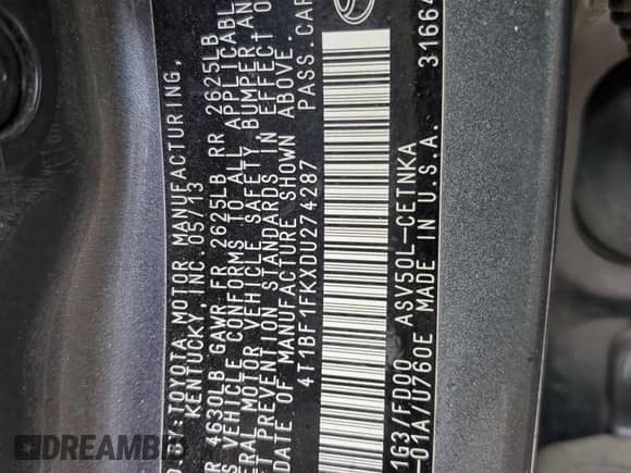 2013 Toyota Camry L с VIN 4T1BF1FKXDU274287, выставлен на аукционе Copart как лот 68620185 с пробегом 222 556 миль миль и Списание • Salvage title. История ставок и продаж доступна на DreamBid. Изображение 13.