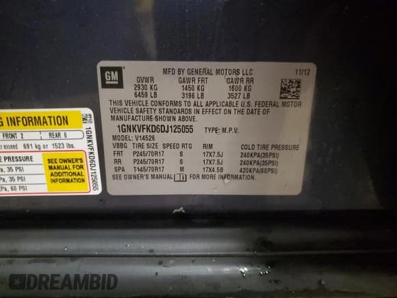 ✅ 2013 Chevrolet Traverse LS • VIN: 1GNKVFKD6DJ125055 • Lot: 69257725. Listed on Copart with 152,137 mi. Free auction sales archive from the USA and detailed vehicle history report at DreamBid. Image 14.