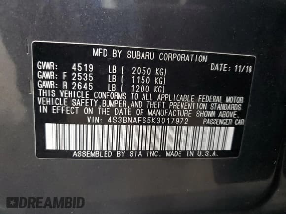 ✅ 2019 Subaru Legacy Premium • VIN: 4S3BNAF65K3017972 • Lot: 92583785. Wystawiony na Copart z przebiegiem 34 694 mil. Bezpłatny archiwum sprzedaży aukcyjnych z USA i szczegółowy raport historii pojazdu na DreamBid. Zdjęcie 12.