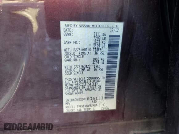 ✅ 2013 Nissan Armada Platinum • VIN: 5N1BA0NEXDN606131 • Lot: 92372715. Listed on Copart with 176,861 mi. Free auction sales archive from the USA and detailed vehicle history report at DreamBid. Image 14.