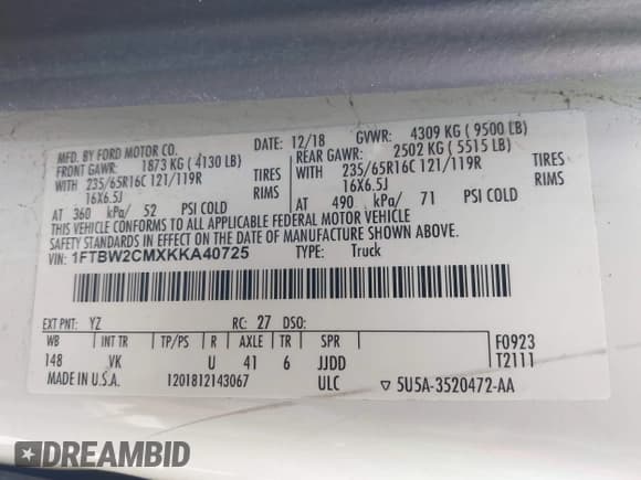 ✅ 2019 Ford Transit • VIN: 1FTBW2CMXKKA40725 • Lot: 42545269. Listed on IAAI with 107,174 mi. Free auction sales archive from the USA and detailed vehicle history report at DreamBid. Image 9.