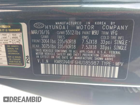 2017 Hyundai Santa Fe SE с VIN KM8SN4HF6HU185987, выставлен на аукционе IAAI как лот 43360620 с пробегом 119 304 миль миль и . История ставок и продаж доступна на DreamBid. Изображение 9.