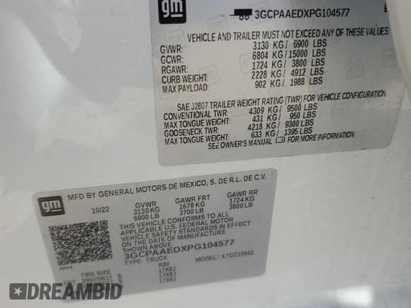 2023 Chevrolet Silverado 1500 Work Truck z VIN 3GCPAAEDXPG104577, wystawiony jako Copart lot #87254095 z przebiegiem 56 191 mil mil oraz Czysty tytuł • Clean title. Historia ofert i sprzedaży dostępna na DreamBid. Obrazek 13.