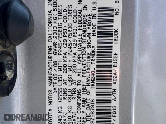 ✅ 2008 Toyota Tacoma • VIN: 5TEPX42N38Z587316 • Lot: 80750725. Wystawiony na Copart z przebiegiem 179 964 mil. Bezpłatny archiwum sprzedaży aukcyjnych z USA i szczegółowy raport historii pojazdu na DreamBid. Zdjęcie 10.