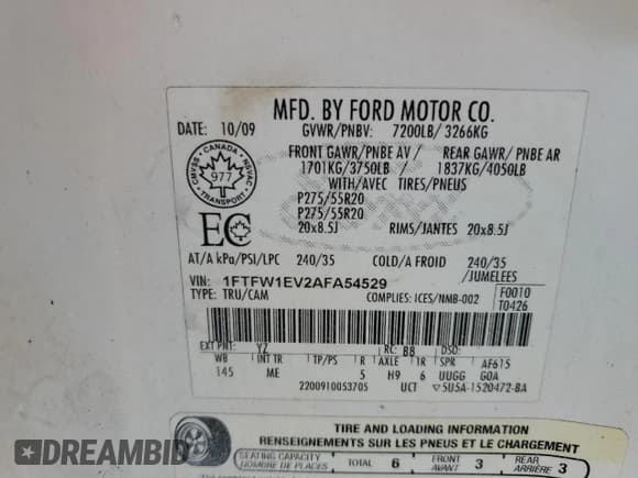 ✅ 2010 Ford F-150 XL • VIN: 1FTFW1EV2AFA54529 • Lot: 61075515. Listed on Copart with 161,404 mi. Free auction sales archive from the USA and detailed vehicle history report at DreamBid. Image 12.