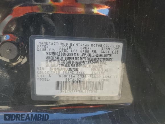 ✅ 2013 Nissan Versa SV • VIN: 3N1CN7AP9DL857092 • Lot: 82450915. Wystawiony na Copart z przebiegiem 144 972 mil. Bezpłatny archiwum sprzedaży aukcyjnych z USA i szczegółowy raport historii pojazdu na DreamBid. Zdjęcie 12.