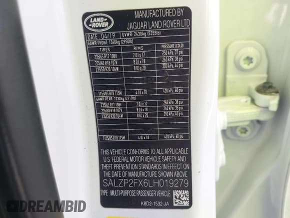 ✅ 2020 Land Rover Range Rover Evoque SE • VIN: SALZP2FX6LH019279 • Lot: 42352602. Listed on IAAI with 71,433 mi. Free auction sales archive from the USA and detailed vehicle history report at DreamBid. Image 9.