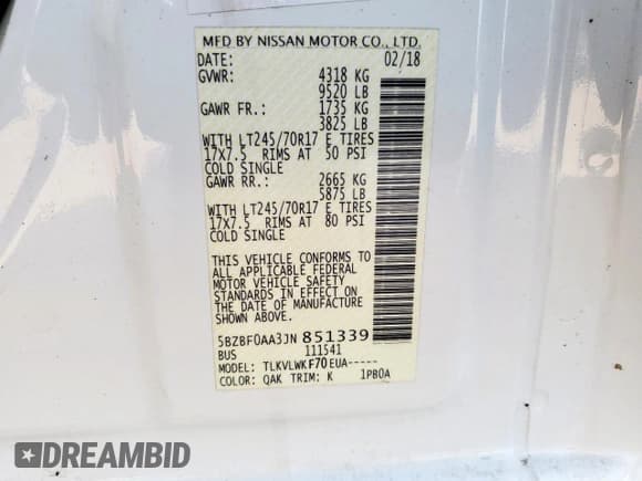 ✅ 2018 Nissan NV NV3500 HD S • VIN: 5BZBF0AA3JN851339 • Lot: 83766105. Listed on Copart with 14,354 mi. Free auction sales archive from the USA and detailed vehicle history report at DreamBid. Image 13.