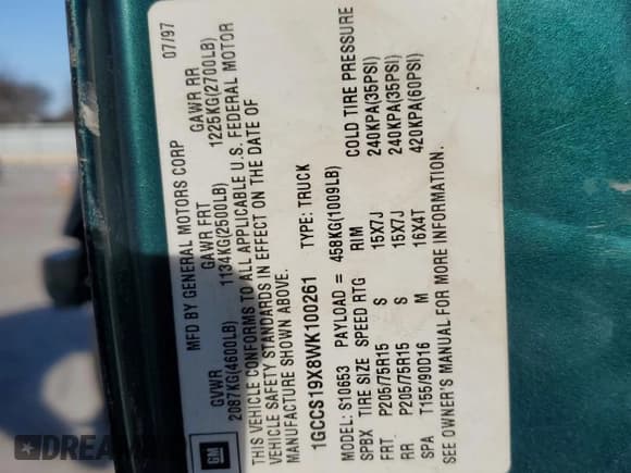 ✅ 1998 Chevrolet S-10 LS • VIN: 1GCCS19X8WK100261 • Лот: 46303425. Опубликован ранее на Copart с пробегом Не указан. Бесплатный доступ к архиву аукционных продаж из США и подробный отчёт об истории автомобиля на DreamBid. Изображение 13.