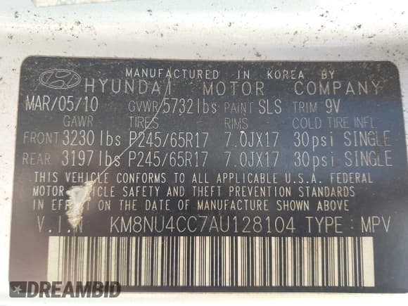 ✅ 2010 Hyundai Veracruz Limited • VIN: KM8NU4CC7AU128104 • Lot: 43588908. Listed on IAAI with 215,888 mi. Free auction sales archive from the USA and detailed vehicle history report at DreamBid. Image 9.