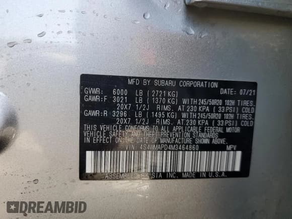 ✅ 2021 Subaru Ascent Limited • VIN: 4S4WMAPD4M3464860 • Lot: 55430715. Listed on Copart with 36,760 mi. Free auction sales archive from the USA and detailed vehicle history report at DreamBid. Image 13.