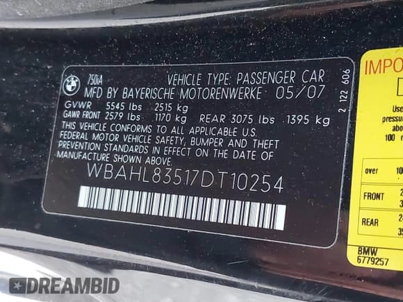 ✅ 2007 BMW 7 Series 750i • VIN: WBAHL83517DT10254 • Lot: 43520840. Wystawiony na IAAI z przebiegiem 119 034 mil. Bezpłatny archiwum sprzedaży aukcyjnych z USA i szczegółowy raport historii pojazdu na DreamBid. Zdjęcie 9.