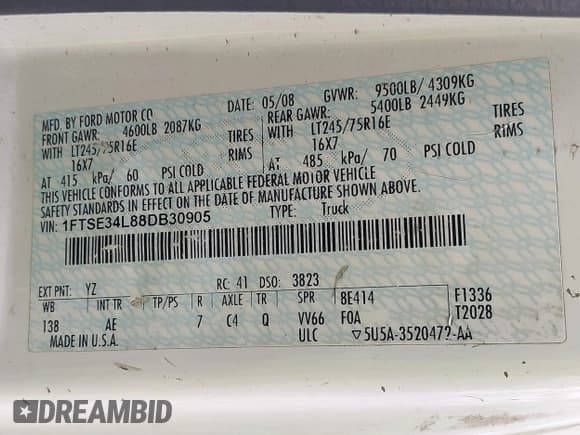 ✅ 2008 Ford Econoline Cargo Commercial • VIN: 1FTSE34L88DB30905 • Lot: 43115955. Listed on IAAI with 125,908 mi. Free auction sales archive from the USA and detailed vehicle history report at DreamBid. Image 9.