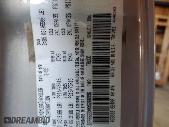 1999 Dodge Dakota SLT z VIN 1B7GG22X0XS268996, wystawiony jako Copart lot #58541515 z przebiegiem 189 899 mil mil oraz Czysty tytuł • Clean title. Historia ofert i sprzedaży dostępna na DreamBid. Obrazek 12.