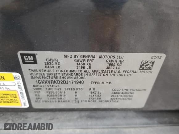 ✅ 2013 GMC Acadia SLT • VIN: 1GKKVRKD2DJ171948 • Lot: 90473465. Listed on Copart with 133,949 mi. Free auction sales archive from the USA and detailed vehicle history report at DreamBid. Image 13.